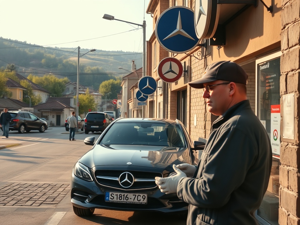 Logo Mercedes-Benz na tle nowoczesnej fabryki w Jaworze, zasilanej energią słoneczną - szansa na pracę